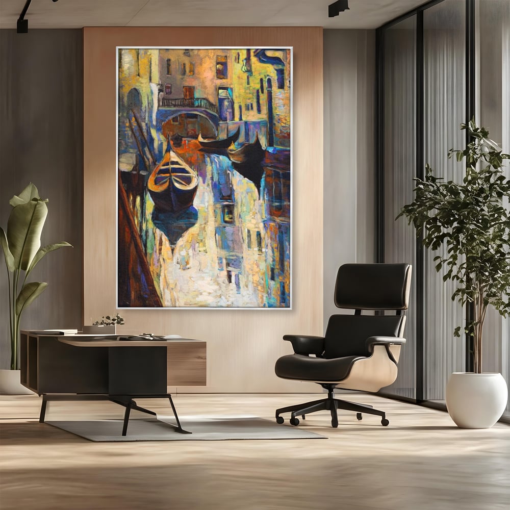 Tablou canvas cu pictura canvas cu gondole in venetia, in rama de aluminiu argintiu, pe perete intr-un birou